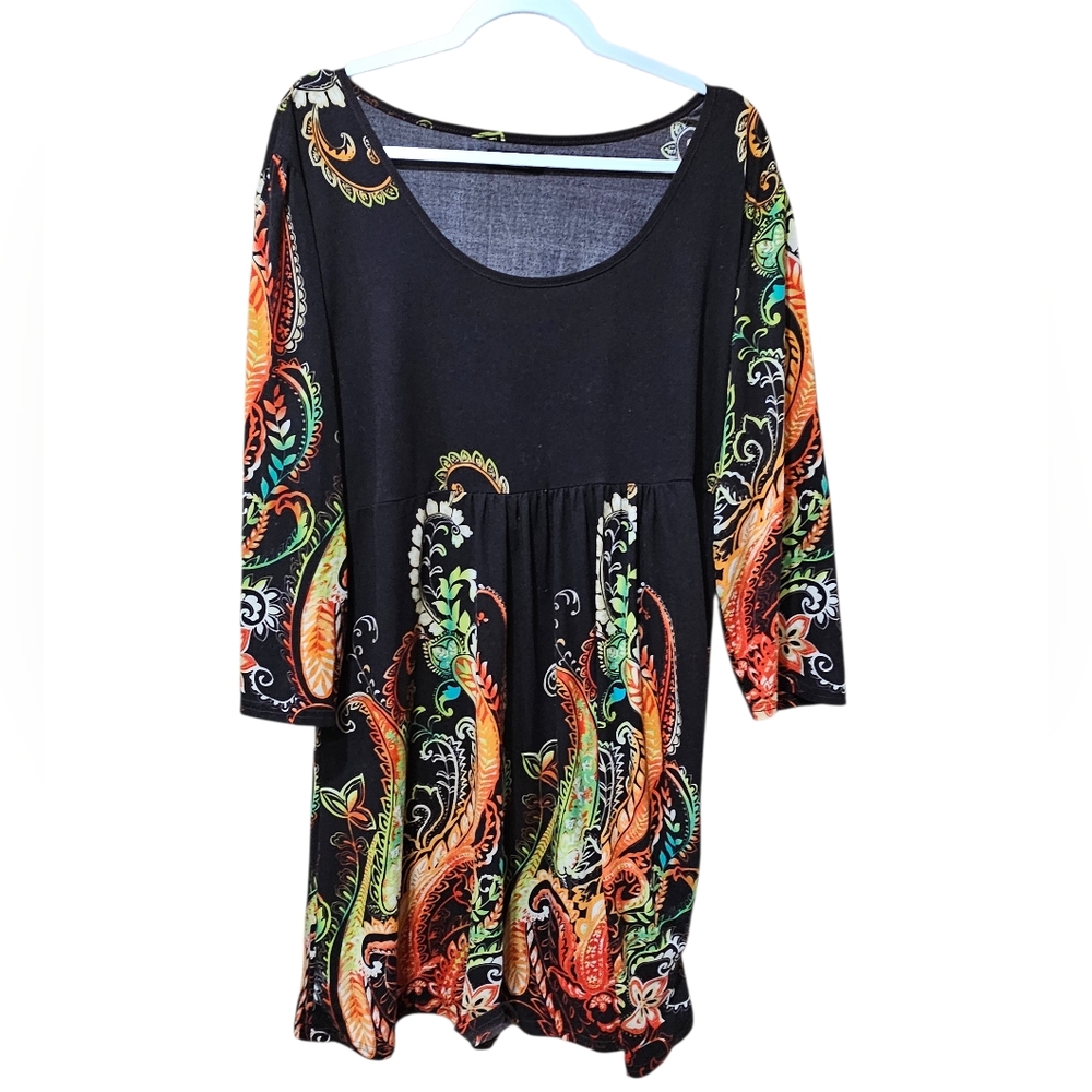 R&B Collection 3X Paisley Empire‎ Waist Tunic Dress Brown Orange Green Stretch